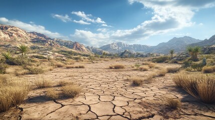 Herculanium basin in an arid climate, with cracked soil and sparse vegetation