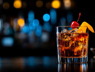 sophisticated close up of old fashioned cocktail garnished with cherry and orange peel, showcasing...