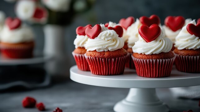 Gorgeous red velvet cupcakes beautifully topped with creamy frosting and charming heart decorations, presenting a fun and loving dessert option. - Powered by Adobe