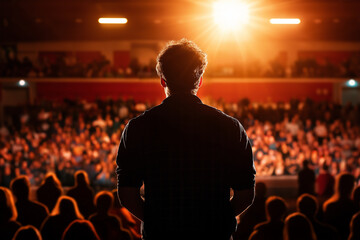 young man stands on stage, illuminated by bright lights, facing large audience. atmosphere is filled with anticipation and excitement