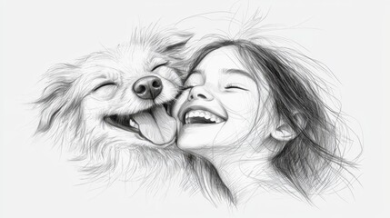 Naklejka premium Tender bond, woman and her loyal dog share a moment of affection companionship in this heartwarming drawing