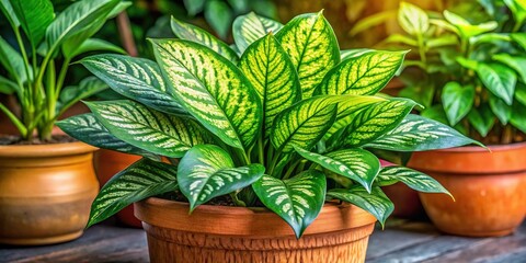 Aerial View of Blooming Dieffenbachia Seguine in Potted Plant