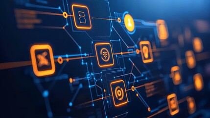 Futuristic digital interface with vibrant orange and blue neon lights, abstract background design