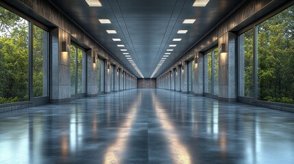 Fototapeta premium Modern hallway, glass walls, trees, reflective floor, office