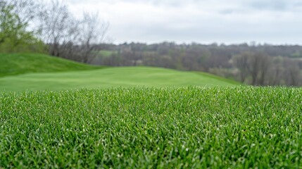 Obraz premium Lush green golf course fairway, rolling hills background, spring day, landscape