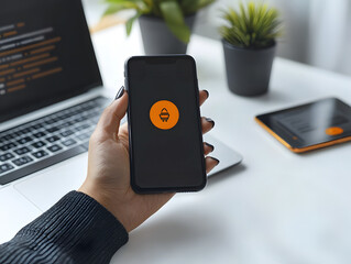 Smartphone Displaying a Notification Icon While Set Against a Modern Workspace With a Laptop and Plants