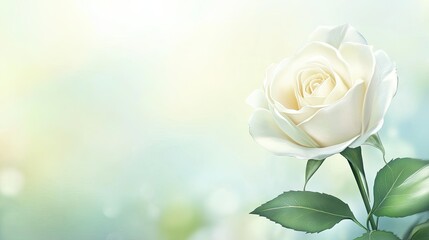 A fresh white rose flower against a blurred natural background, with the top area left clear for text.