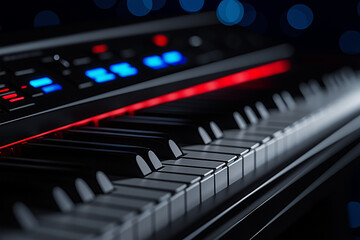 close up view of black digital piano keyboard, showcasing illuminated keys and controls, creating vibrant atmosphere for music enthusiasts