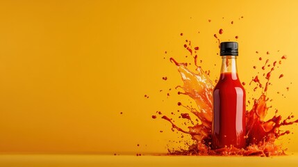 An eye-catching image showcasing a bottle of red sauce surrounded by an explosive splash against a bright yellow background, symbolizing vibrancy and zest.