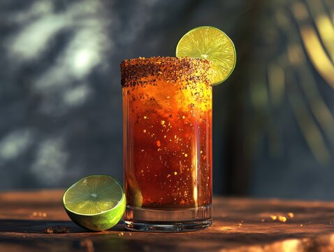 Refreshing Michelada cocktail with lime and spicy rim on wooden table in warm light - Powered by Adobe