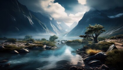 Stirring Wilderness Scene Rugged Cliffs Meet Stormy Seas Under a Crescent Moon, Offering an AweInspiring View of Natures Majesty.