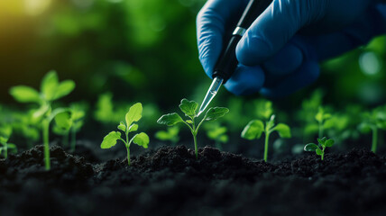 close up of hand in blue glove using pipette to nurture young plants in rich soil, showcasing care and attention in plant growth
