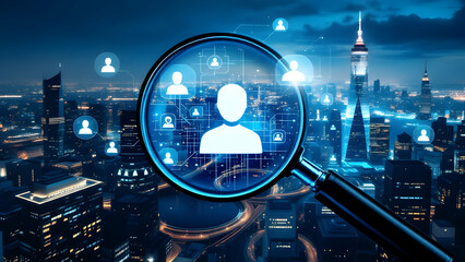 Magnifying glass highlights human icons over city skyline, symbolizing recruitment
