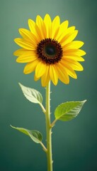 Obraz premium Single sunflower with delicate stem and leaves, delicate, yellow, flower