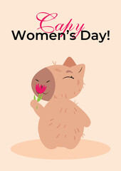 Charming capybara holding a flower with an uplifting message on a pastel pink background. Ideal for Women's Day, beauty-themed gifts, greeting cards, posters