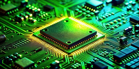 High-tech Green Circuit Board Microchip Close-up Stock Photo