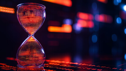 Digital hourglass with binary code background, symbolizing time and technology. vibrant colors create futuristic atmosphere, evoking sense of urgency and innovation