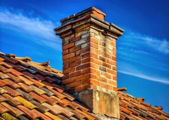 Isolated Weathered Brick Chimney, Damaged Clay Tile Roof, Summer Blue Sky