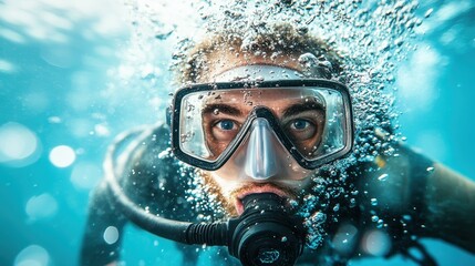 A scuba diver immersed in the aquatic environment, showcasing the thrill of exploration and the beauty of the underwater world filled with life and color.