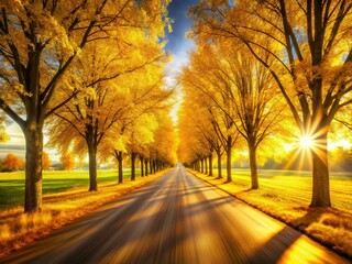 Fototapeta premium Long Exposure: Golden Autumn Road, Rural Landscape, Yellow Trees, Field, Fall