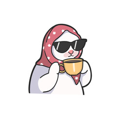 Fototapeta premium Slay Cat Meme wearing Scarf and Sunglasses drink a cup of coffee Sticker PNG T-shirt Cute Illustration