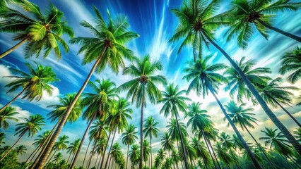 Fototapeta premium Lush Green Palm Trees, Summer Blue Sky, Tropical Paradise Ceiling Art - 3D Wallpaper Fresco