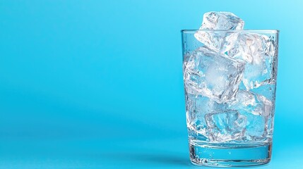 Ice cubes in glass, blue background, refreshment