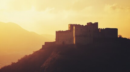 Obraz premium Minimalist view of an ancient castle perched on a hilltop during sunset with open space for text above. Generative AI