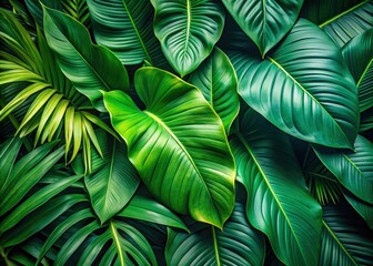 Lush Tropical Leaves Abstract Background: Closeup Green Leaf Texture Nature Stock Photo