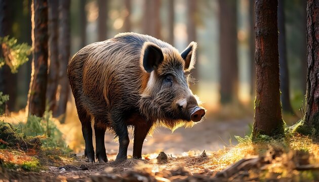 Vigorous Wild Boar Roaming through Dense Forest, Majestic Sunlight Beams Penetrate the Woodland Shadows, Capturing the Spirit of Wildlife in a Primeval Setting. - Powered by Adobe