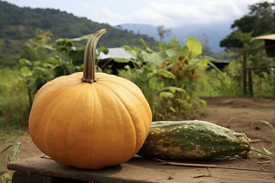 Rural Farming: Hand-Cut Calabaza Zapayo in Two Pieces, a Tropical Fruit from Colombia, Used in Recipes