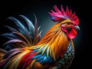 Majestic Rooster Long Exposure, Isolated Black Background - Stock Photo