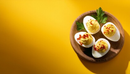 Fresh healthy deviled eggs on yellow background