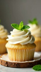Moist vanilla cupcake with creamy white frosting and green mint leaves on top, sweet pastries, baked goods, vanilla cream