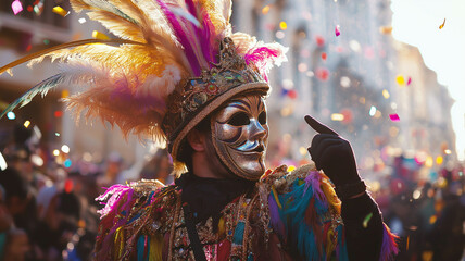 Vibrant Carnival Parade Capturing the Essence of Venice With Colorful Costumes, Lively Music, and a Festive Atmosphere During the Time-Honored Celebration in Italy. Generative AI