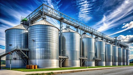 Modern Silver Grain Silos at Agricultural Processing Plant - High-Resolution Stock Photo
