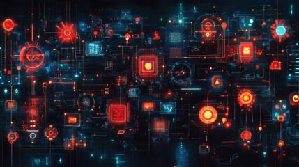 Obraz premium An array of machine learning algorithms represented by interconnected nodes and algorithm icons, set against a high-tech, dark-themed background. Created Using: digital illustration, vibrant colors,