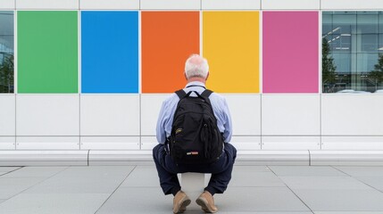 Senior man sits, colorful wall background, modern building, pensive mood; website header
