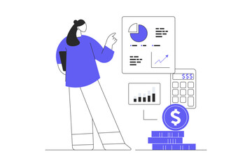 Financial data analysis, analytics, calculation concept. Woman Character analyzes graphs, charts, dashboard, counting money. Flat Cartoon Vector Illustration, icon. Stylish abstract 