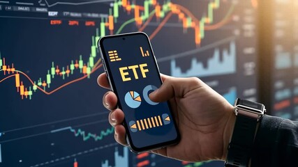 ETF, phone and hand with stock market, investment and trading on mobile app, finance and exchange. Chart, digital screen and businessman with financial technology, data analysis and online graph - Powered by Adobe
