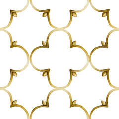 Islamic golden ornament seamless pattern. Arabesque, Ottoman, Oriental watercolor hand painted isolated illustration
