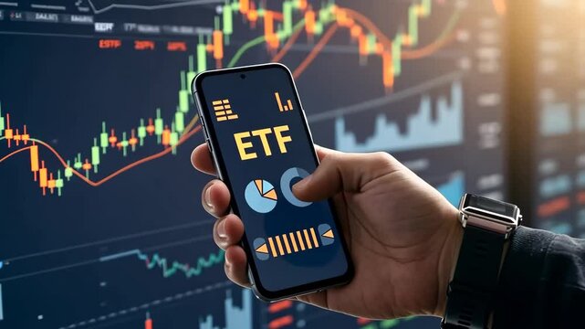 ETF, phone and hand with stock market, investment and trading on mobile app, finance and exchange. Chart, digital screen and businessman with financial technology, data analysis and online graph