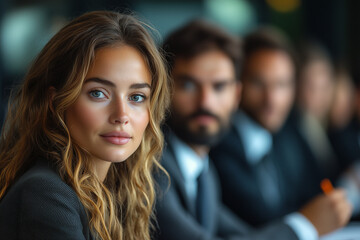 A group of business executives taking notes during a strategy meeting. Bright lighting, contrast
