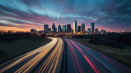 Sleek highway with city skyline in the background illuminated in the style of dynamic light trails and motion blur Generative AI