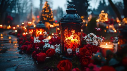 all saints day burning candles at night selective focus