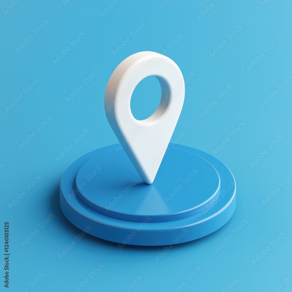 Wall mural 3d location pin icon in white and blue tones on a platform, symbolizing navigation and mapping.