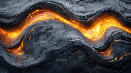 Molten rock flows through dark volcanic cave