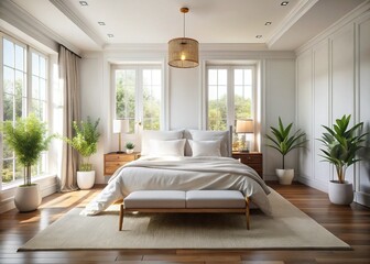 Obraz premium Serene White Master Bedroom Interior Design - Cozy and Minimalist