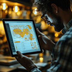 A tech startup discussing UX/UI design improvements on a tablet. Bright lighting, contrast