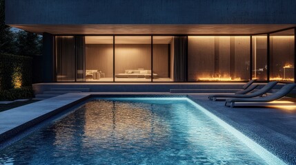 Modern house, nighttime pool, lounge chairs, garden